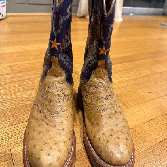 Lucchese Tan Ostrich Foot Purple Embroidered Shaft Western Boots - Picture 2 of 7